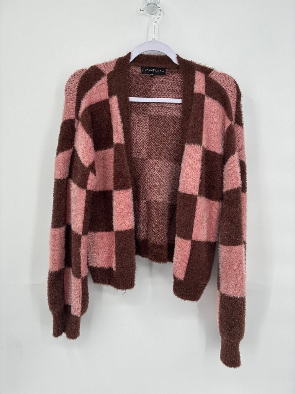 Almost Famous Fuzzy Pink Brown Checkered Cardigan *repair 1x